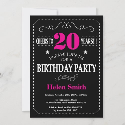 20th Birthday Invitation Hot Pink Black Chalkboard