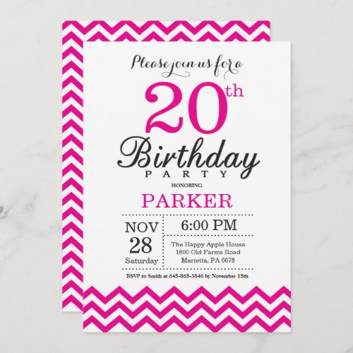 20th Birthday Invitation Hot Pink Chevron