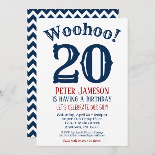 20th Birthday Invitation Mens Navy Blue