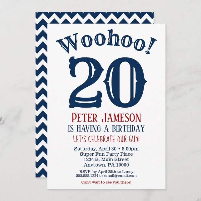 20th Birthday Invitation Mens Navy Blue (Front/Back)