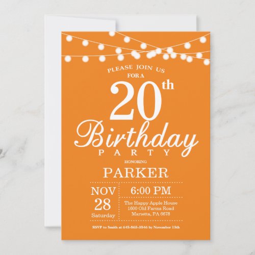 20th Birthday Invitation Orange