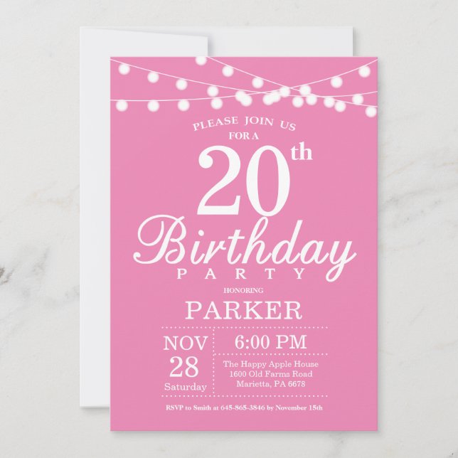 20th Birthday Invitation Pink (Front)