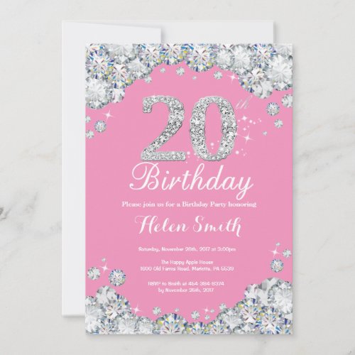 20th Birthday Invitation Pink and Silver Diamond