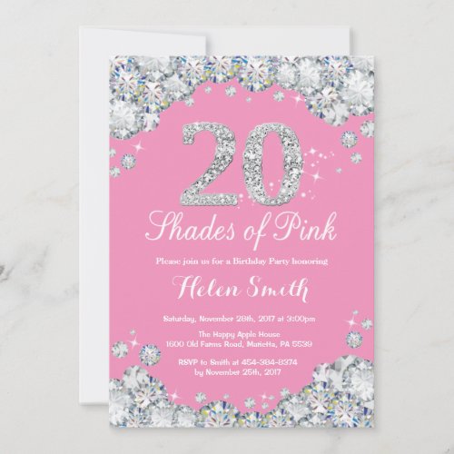 20th Birthday Invitation Pink and Silver Diamond