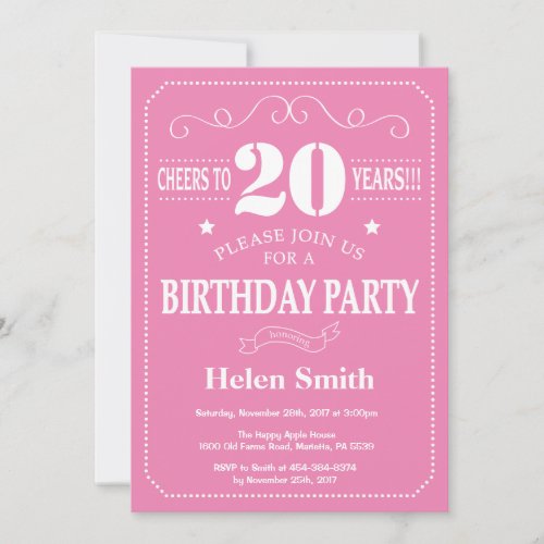 20th Birthday Invitation Pink and White