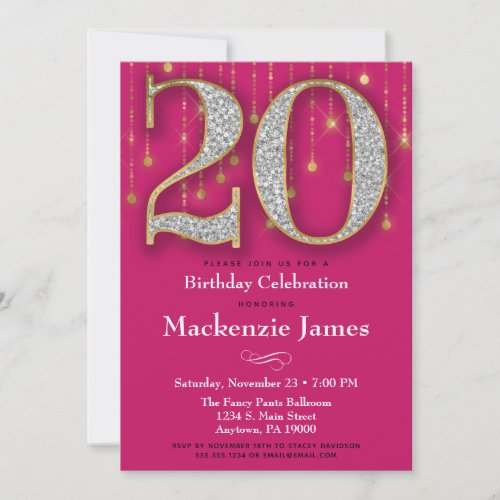 20th Birthday Invitation Pink Gold Diamonds Adult