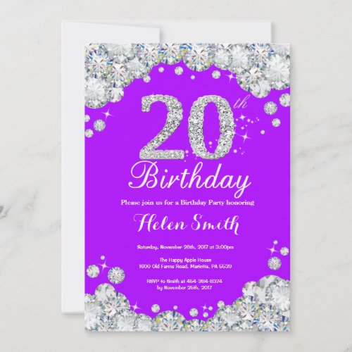 20th Birthday Invitation Purple and Silver Diamond