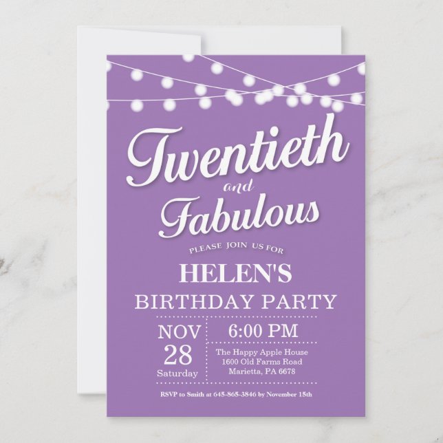 20th Birthday Invitation Purple Fabulous (Front)