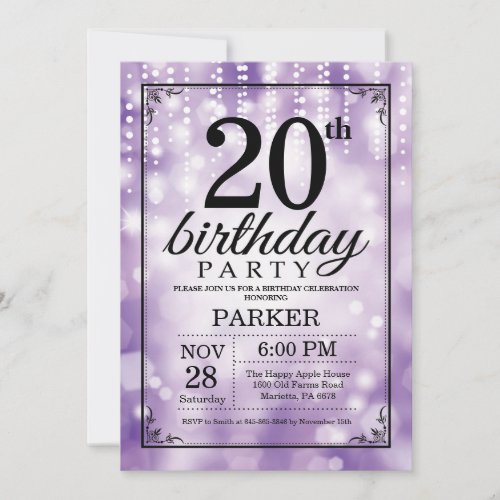 20th Birthday Invitation Purple Glitter