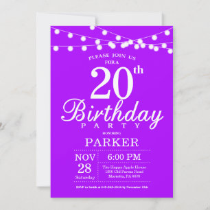 20th Birthday Invitation Purple Lavender Lilac