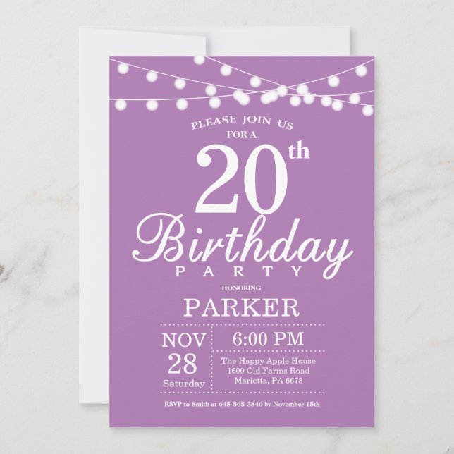 20th Birthday Invitation Purple Lavender Lilac (Front)