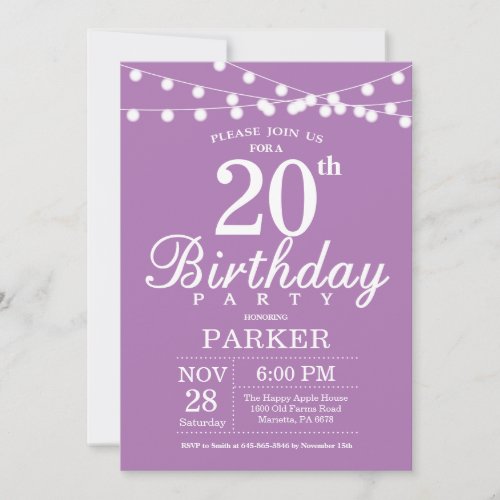 20th Birthday Invitation Purple Lavender Lilac