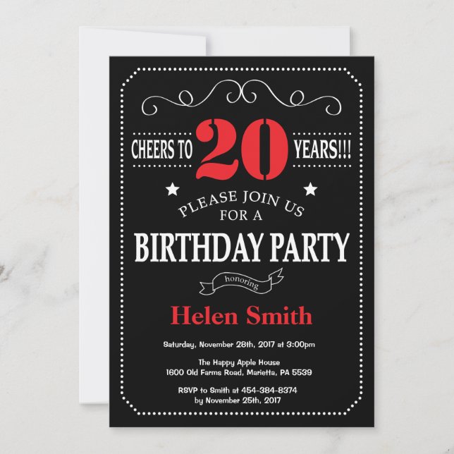 20th Birthday Invitation Red and Black Chalkboard (Front)