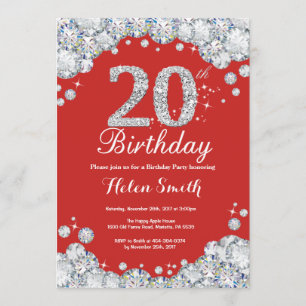 20th Birthday Invitation Red and Silver Diamond