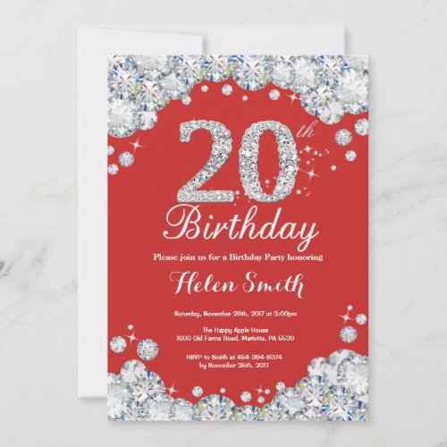 20th Birthday Invitation Red and Silver Diamond
