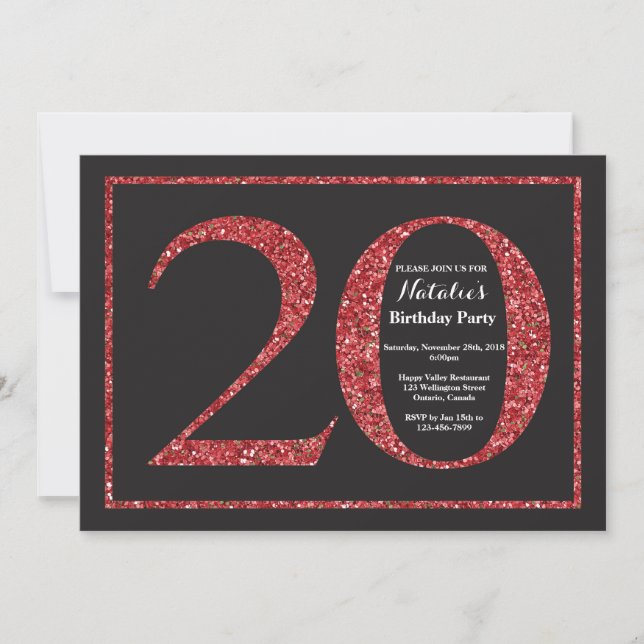20th Birthday Invitation Red Glitter Chalkboard (Front)