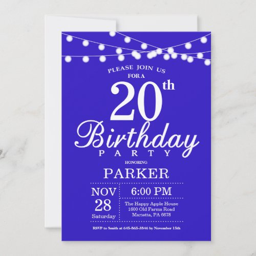 20th Birthday Invitation Royal Blue