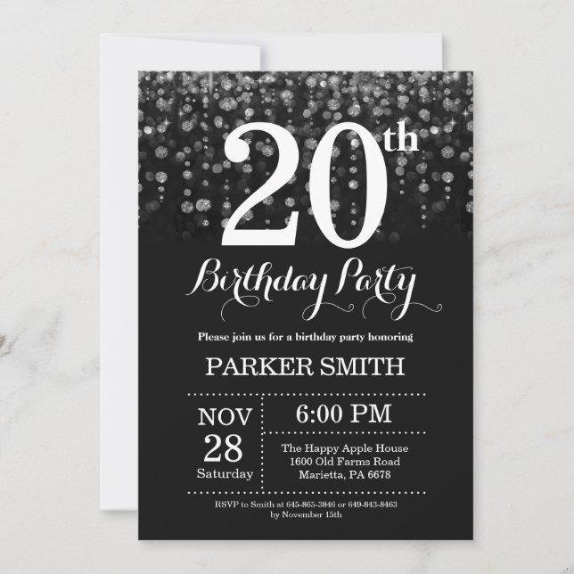 20th Birthday Invitation Silver Glitter (Front)