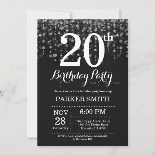 20th Birthday Invitation Silver Glitter