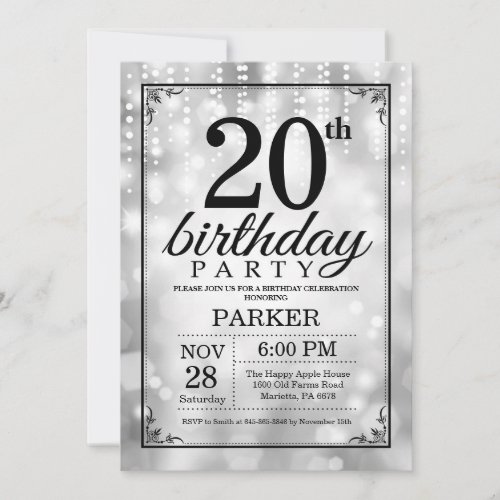 20th Birthday Invitation Silver Glitter