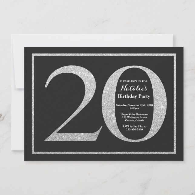 20th Birthday Invitation Silver Glitter Chalkboard (Front)