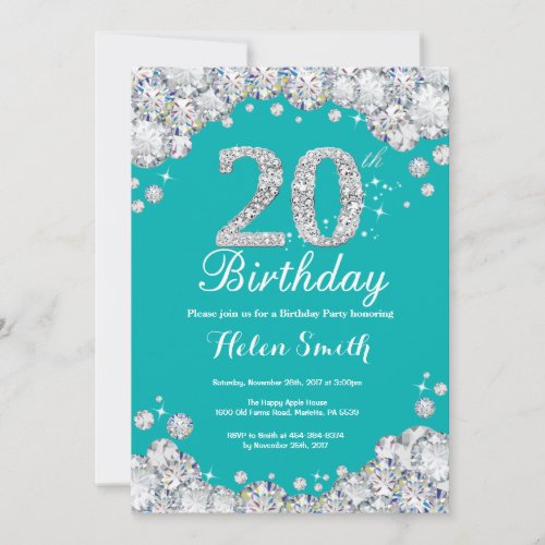 20th Birthday Invitation Teal and Silver Diamond