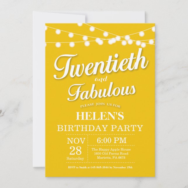 20th Birthday Invitation Yellow Fabulous (Front)