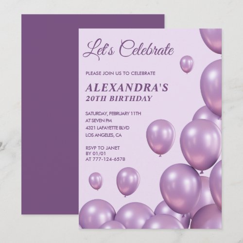 20th birthday invitations Balloons Chic Purple
