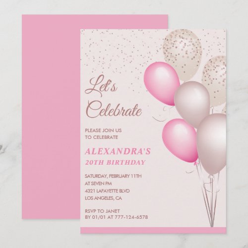 20th birthday invitations Balloons Pink Confetti