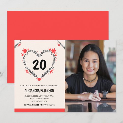 20th birthday invitations for her Floral Heart