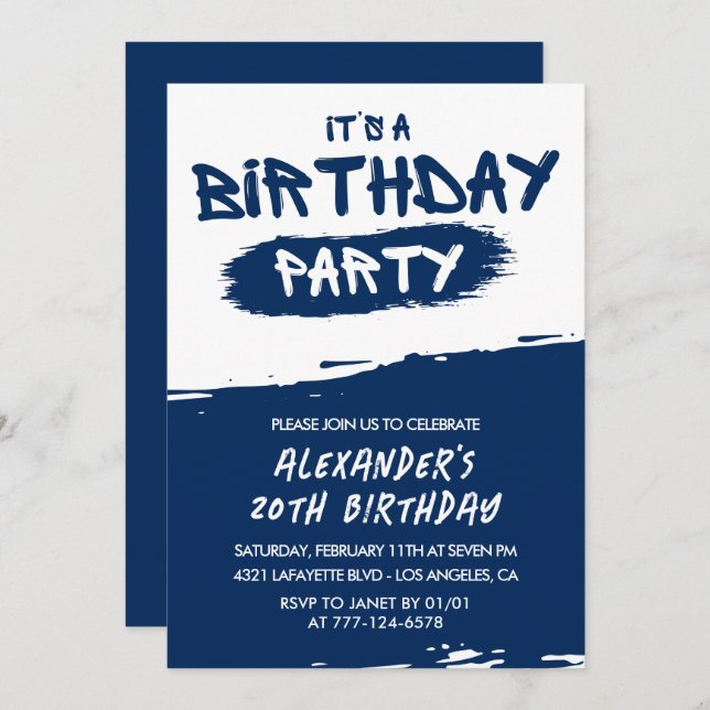 20th birthday invitations Men Graffiti Navy Blue (Front/Back)