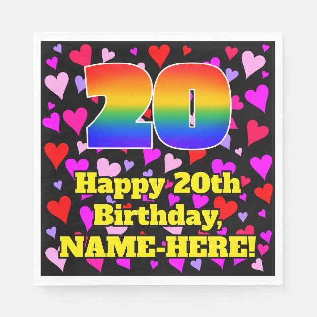 20th Birthday: Loving Hearts Pattern, Rainbow # 20 Napkins (Front)