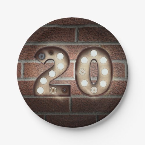 20th birthday marquee sign on brick wall paper plates