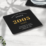 20th Birthday Name 2005 Black Gold Elegant Chic Square Paper Coaster<br><div class="desc">Premium 20th Birthday Black and Gold Personalized Paper Coasters - Celebration Elegance. Celebrate a milestone birthday in style with our chic, premium-quality, 20th Birthday paper coasters. Exquisitely designed with a striking black and gold color scheme, these coasters add a touch of luxury and sophistication to any 20th birthday bash. Express...</div>