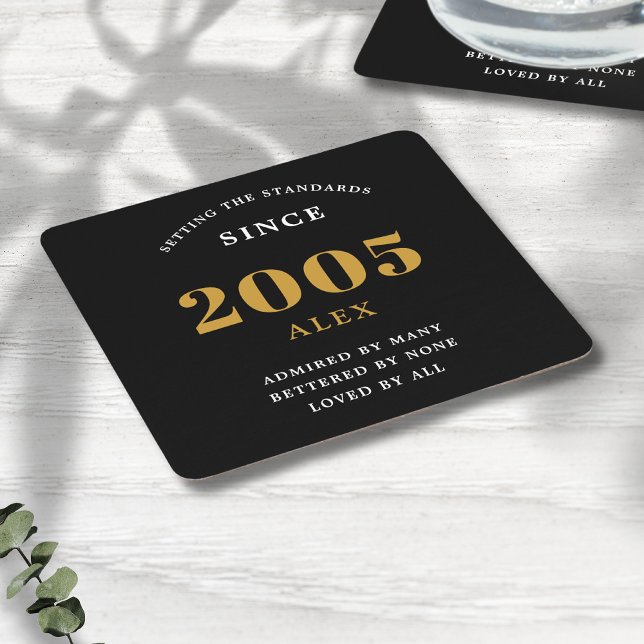 20th Birthday Name 2005 Black Gold Elegant Chic Square Paper Coaster (Personalized 20th birthday coaster with custom name and year of birth.)