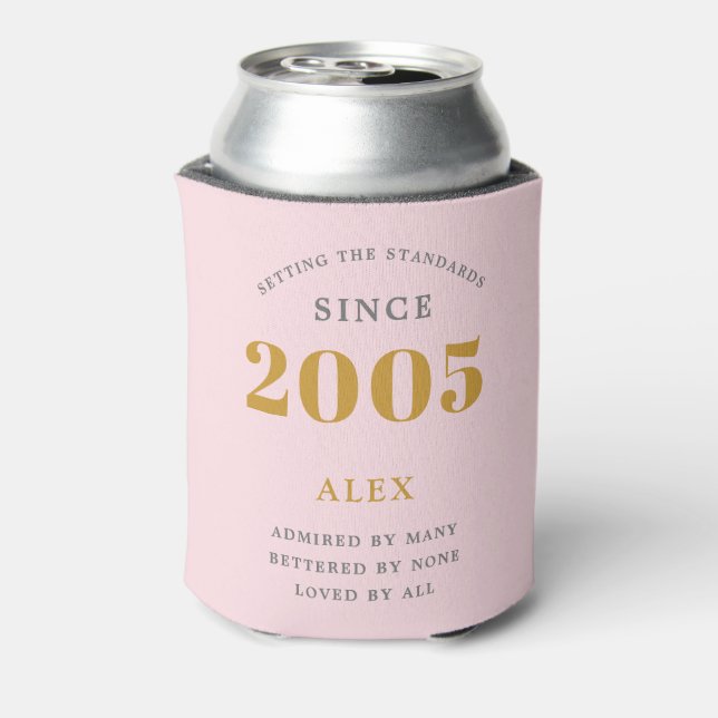20th Birthday Name 2005 Pink Grey Elegant Chic Can Cooler (Can Back)