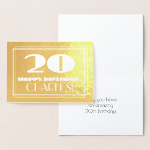 20th Birthday: Name + Art Deco Inspired Look "20" Foil Card