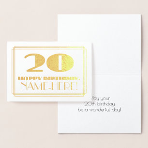 20th Birthday; Name + Art Deco Inspired Look "20" Foil Card