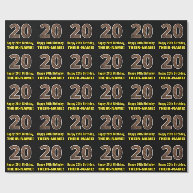 20th Birthday: Name & Faux Wood Grain Pattern "20" Wrapping Paper (Flat)