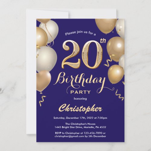 20th Birthday Navy Blue and Gold Balloons Confetti Invitation