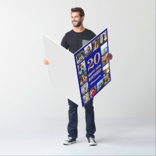 20th Birthday Navy Blue and Gold Photo Collage Card