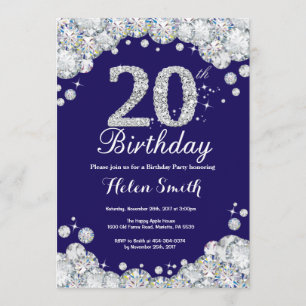 20th Birthday Navy Blue and Silver Diamond Invitation