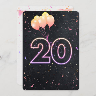 20th Birthday Neon Sign On Black Invitation