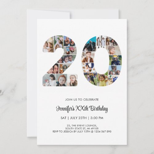20th Birthday Number 20 Custom Photo Collage Invitation
