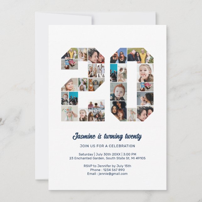 20th Birthday Number 20 Custom Photo Collage Invitation (Front)