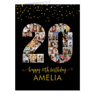 20th Birthday Number 20 Photo Collage Black Gold Card