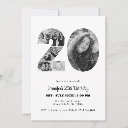 20th Birthday Number 20 Photo Collage Black White Invitation