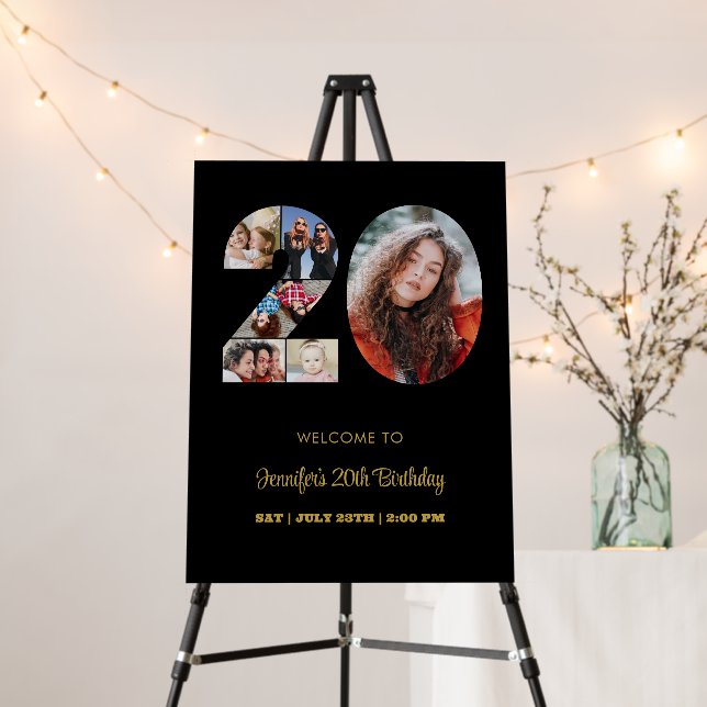 20th Birthday Number 20 Photo Collage Modern Black Foam Board (In Situ (Stand))