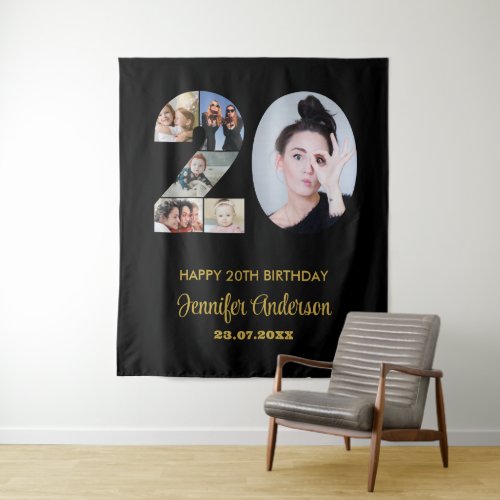20th Birthday Number 20 Photo Collage Modern Black Tapestry