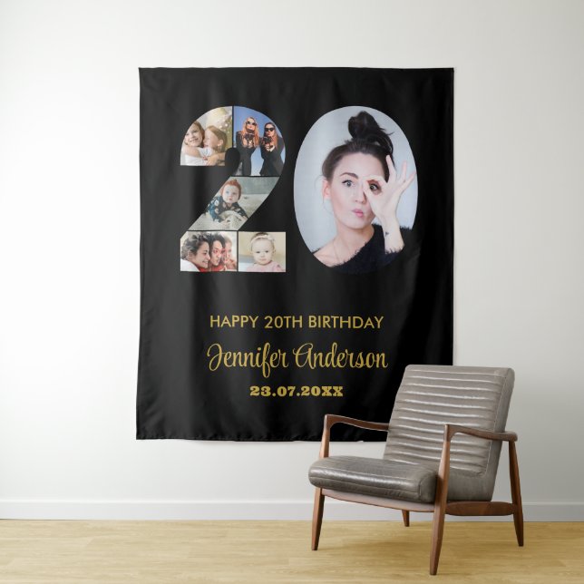 20th Birthday Number 20 Photo Collage Modern Black Tapestry (In Situ)